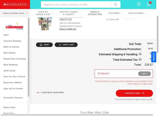 The Scholastic Teacher Store checkout page showing The Scholastic Teacher Store promo code box | Screenshot taken by SimplyCodes community member on Aug 5, 2025