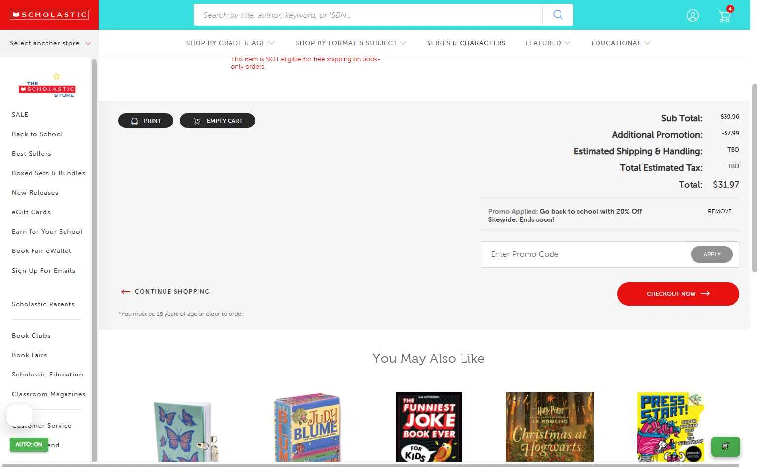 The Scholastic Teacher Store checkout page showing The Scholastic Teacher Store promo code box | Screenshot taken by SimplyCodes community member on Jan 9, 2026