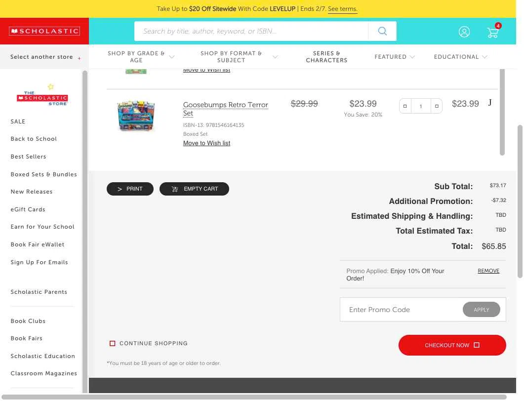 Scholastic US checkout page showing Scholastic US promo code box | Screenshot taken by SimplyCodes community member on Feb 6, 2026