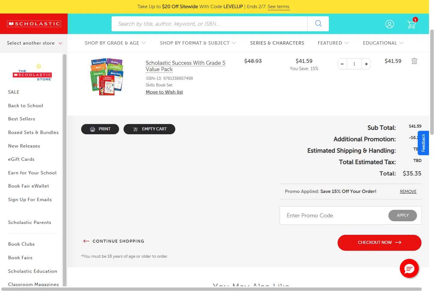 Scholastic US checkout page showing Scholastic US promo code box | Screenshot taken by SimplyCodes community member on Feb 5, 2026