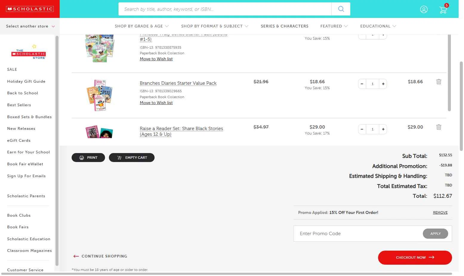 Scholastic US checkout page showing Scholastic US promo code box | Screenshot taken by SimplyCodes community member on Oct 4, 2025