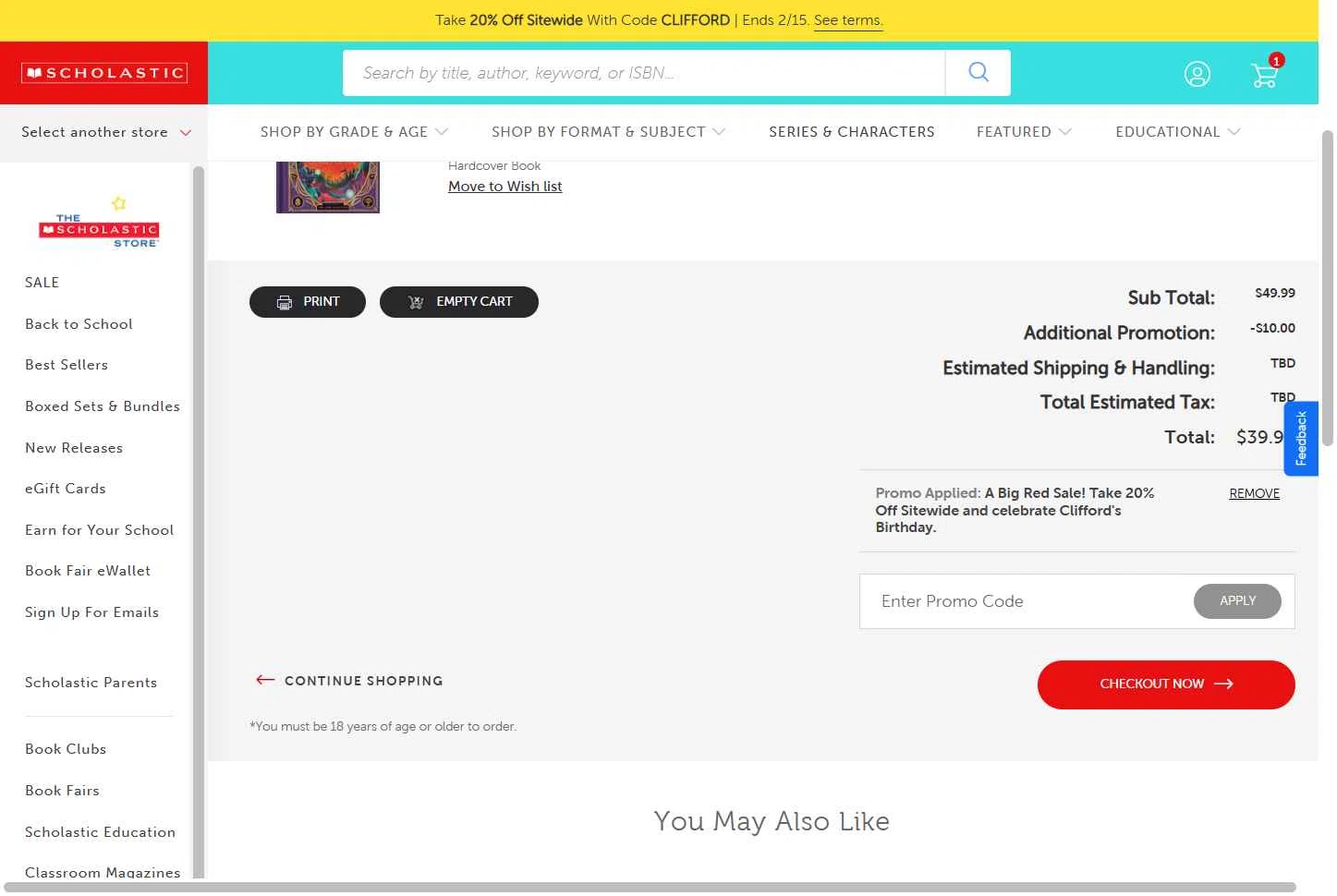 Scholastic US checkout page showing Scholastic US promo code box | Screenshot taken by SimplyCodes community member on Feb 11, 2026