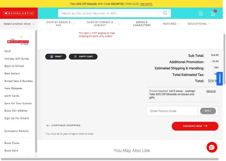 Scholastic US checkout page showing Scholastic US promo code box | Screenshot taken by SimplyCodes community member on Nov 18, 2025
