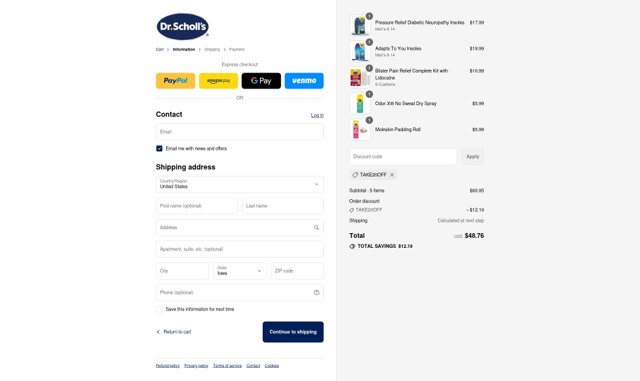 Dr. Scholl's checkout page showing Dr. Scholl's promo code box | Screenshot taken by SimplyCodes community member on Sep 8, 2025