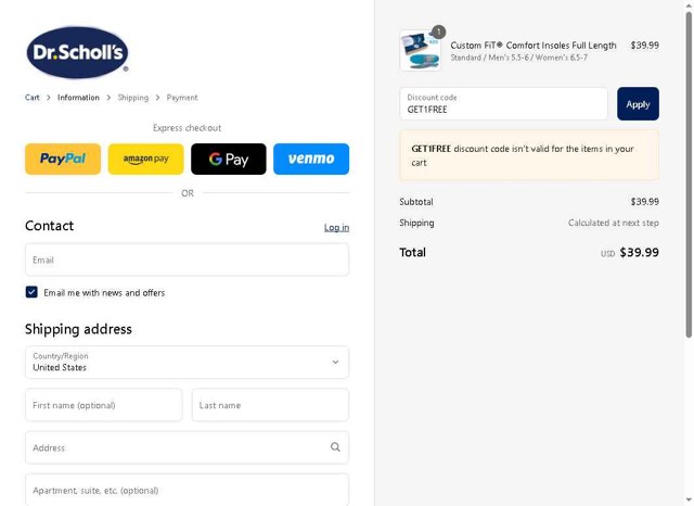 Dr. Scholl's checkout page showing Dr. Scholl's promo code box | Screenshot taken by SimplyCodes community member on Sep 8, 2025