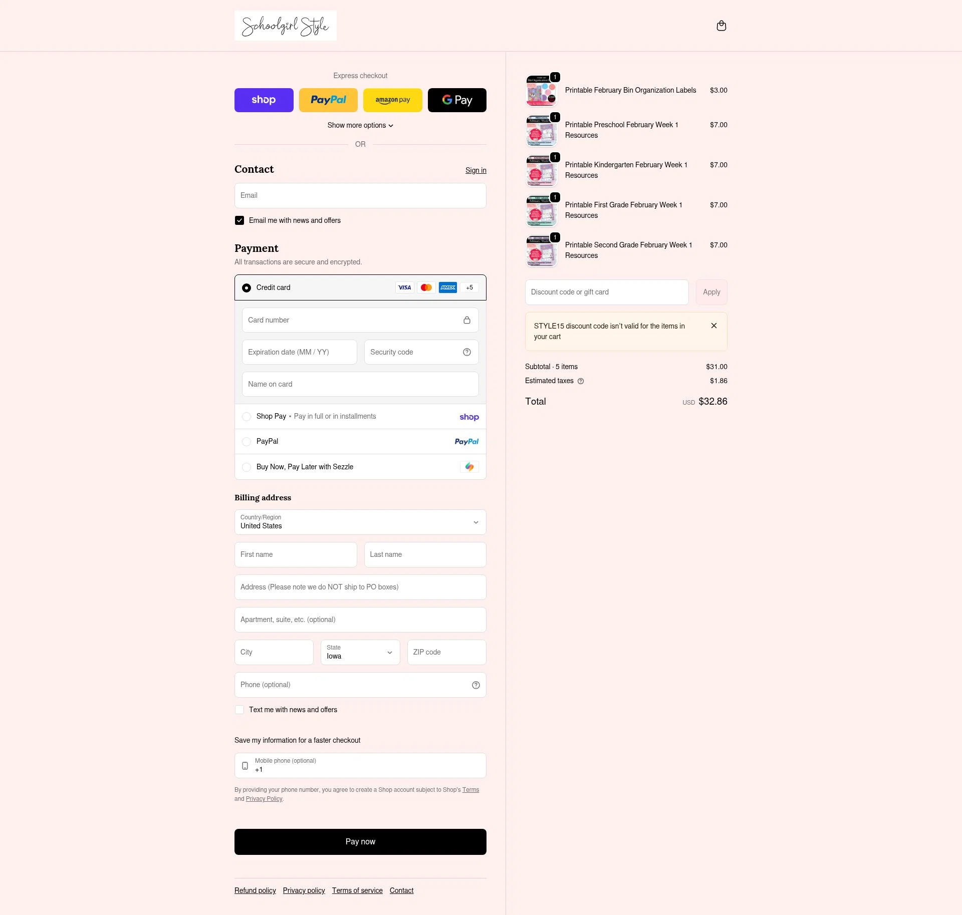 Schoolgirl Style checkout page showing Schoolgirl Style coupon code box | Screenshot taken by SimplyCodes community member on Feb 14, 2026