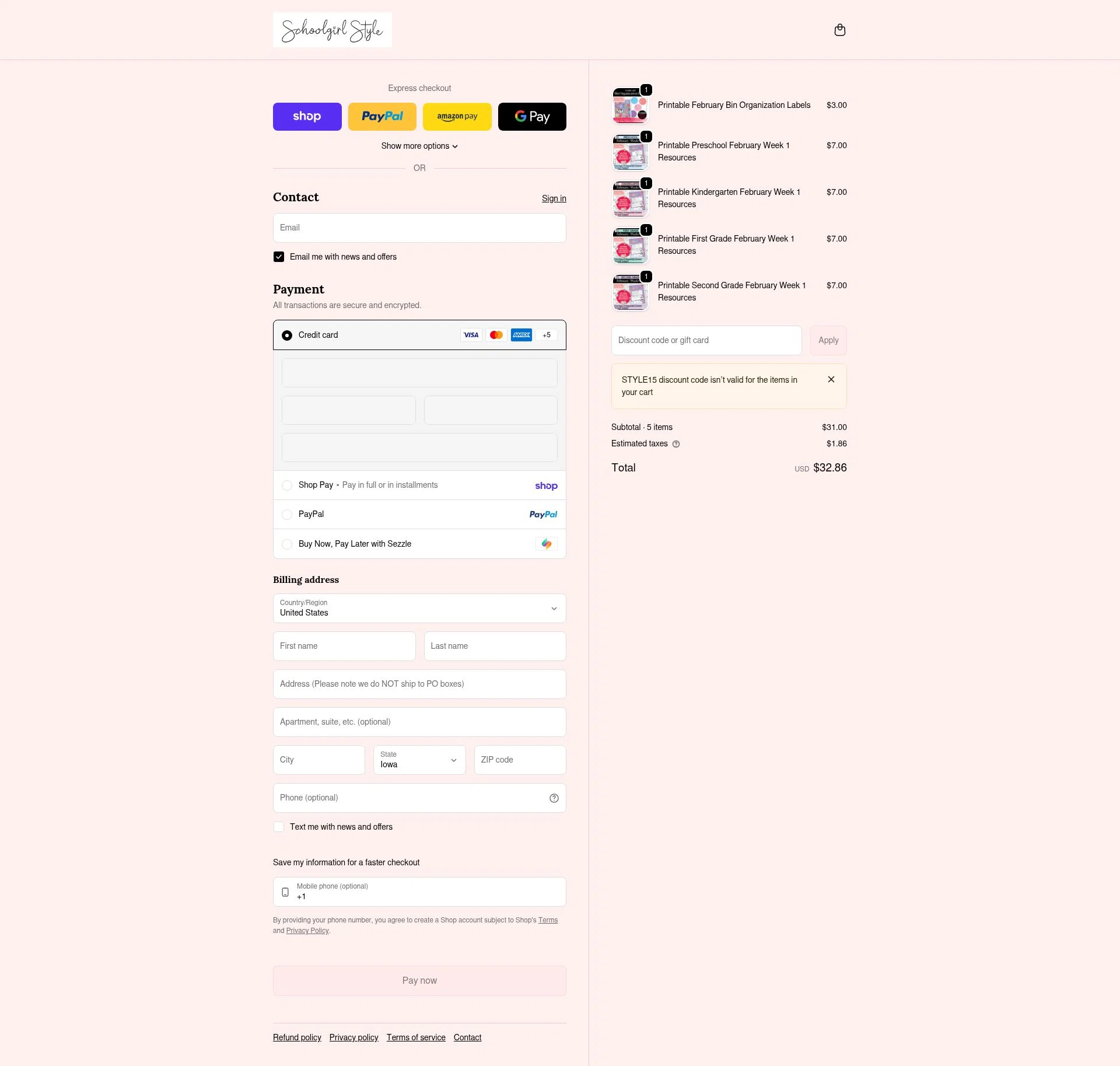 Schoolgirl Style checkout page showing Schoolgirl Style coupon code box | Screenshot taken by SimplyCodes community member on Feb 5, 2026