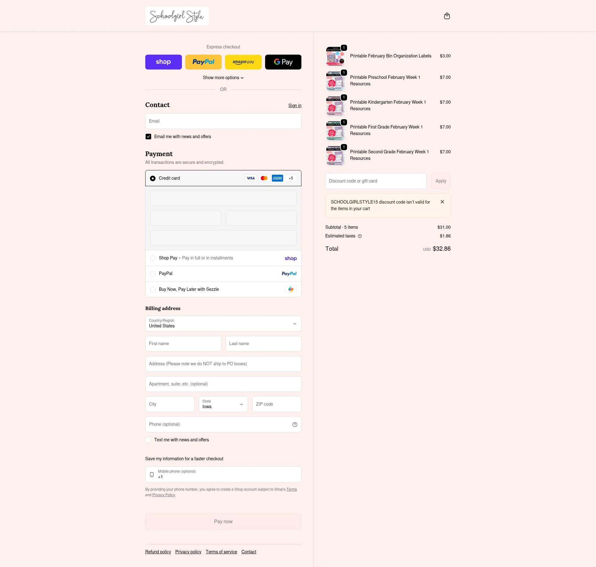Schoolgirl Style checkout page showing Schoolgirl Style coupon code box | Screenshot taken by SimplyCodes community member on Feb 5, 2026