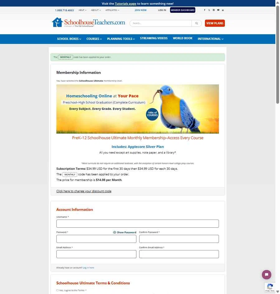 SchoolhouseTeachers checkout page showing SchoolhouseTeachers promo code box | Screenshot taken by SimplyCodes community member on May 28, 2025