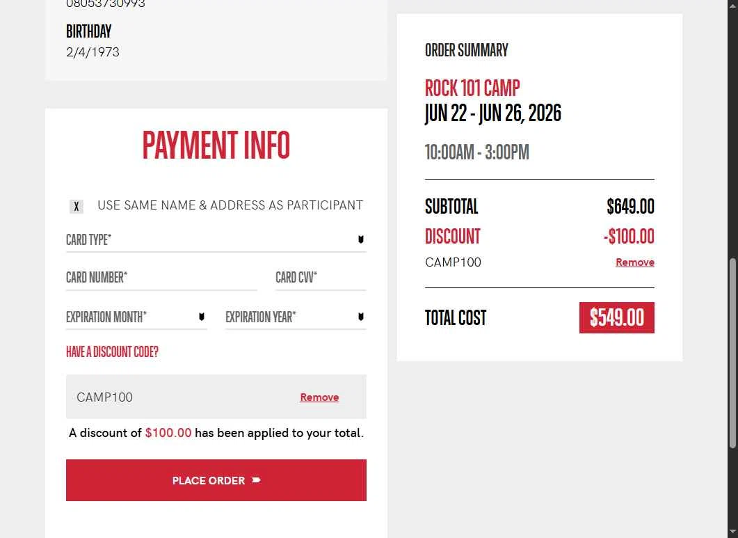 School of Rock checkout page showing School of Rock discount code box | Screenshot taken by SimplyCodes community member on Feb 5, 2026