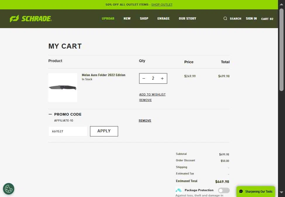 Schrade checkout page showing Schrade promo code box | Screenshot taken by SimplyCodes community member on Dec 11, 2025
