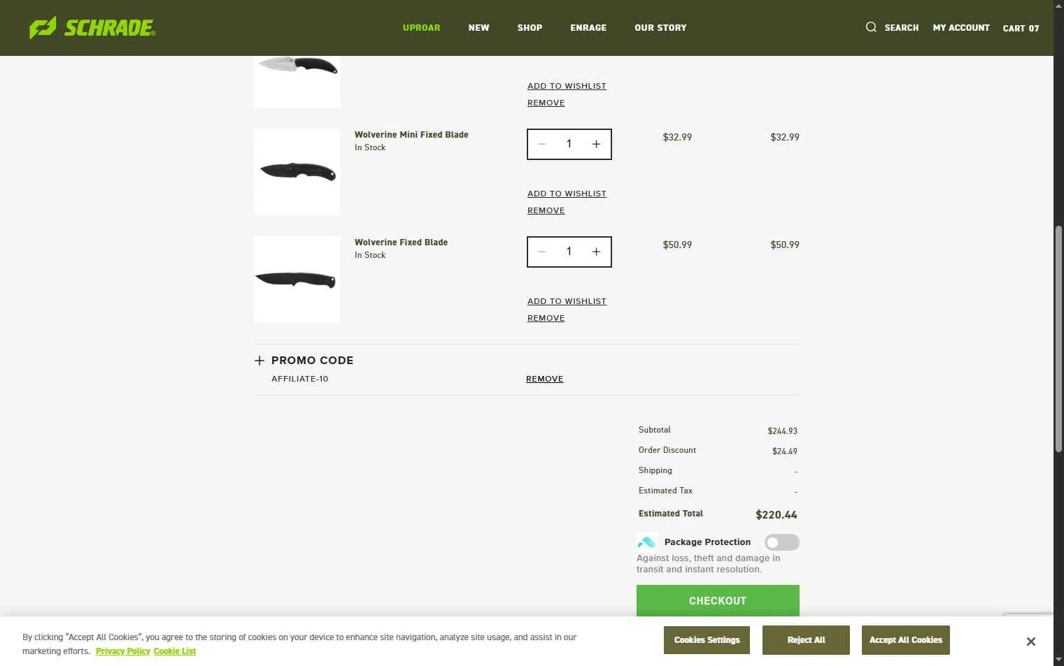 Schrade checkout page showing Schrade promo code box | Screenshot taken by SimplyCodes community member on Oct 10, 2025
