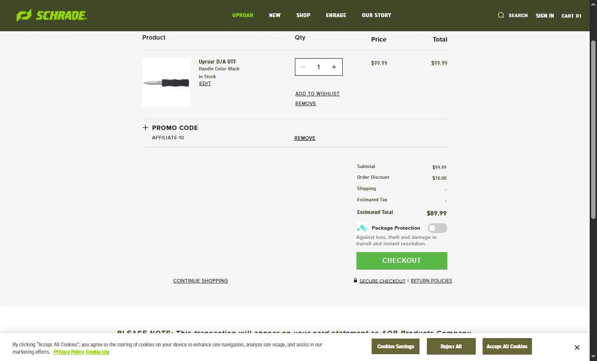 Schrade checkout page showing Schrade promo code box | Screenshot taken by SimplyCodes community member on Jan 5, 2026