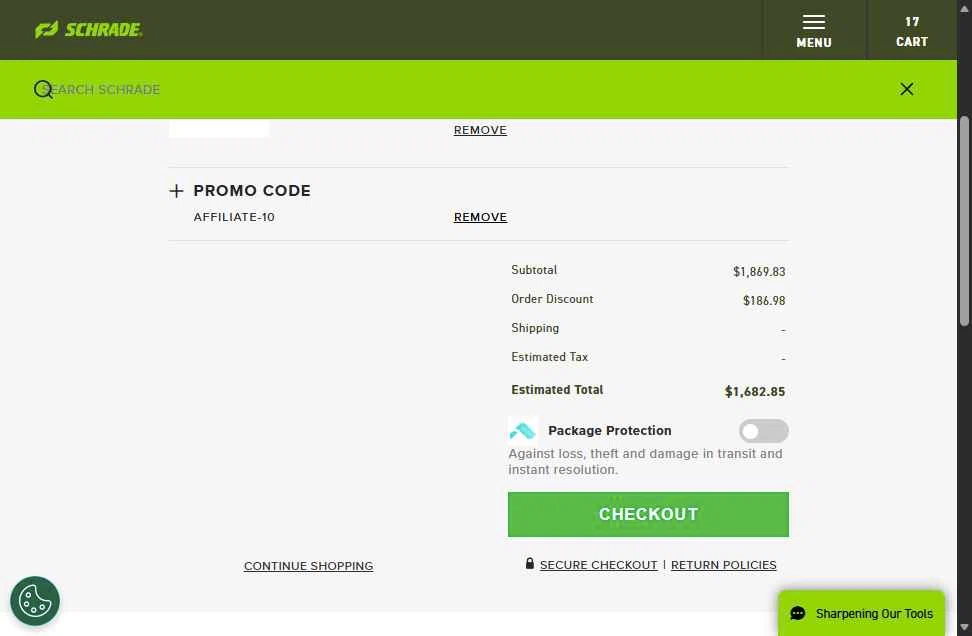 Schrade checkout page showing Schrade promo code box | Screenshot taken by SimplyCodes community member on Dec 7, 2025