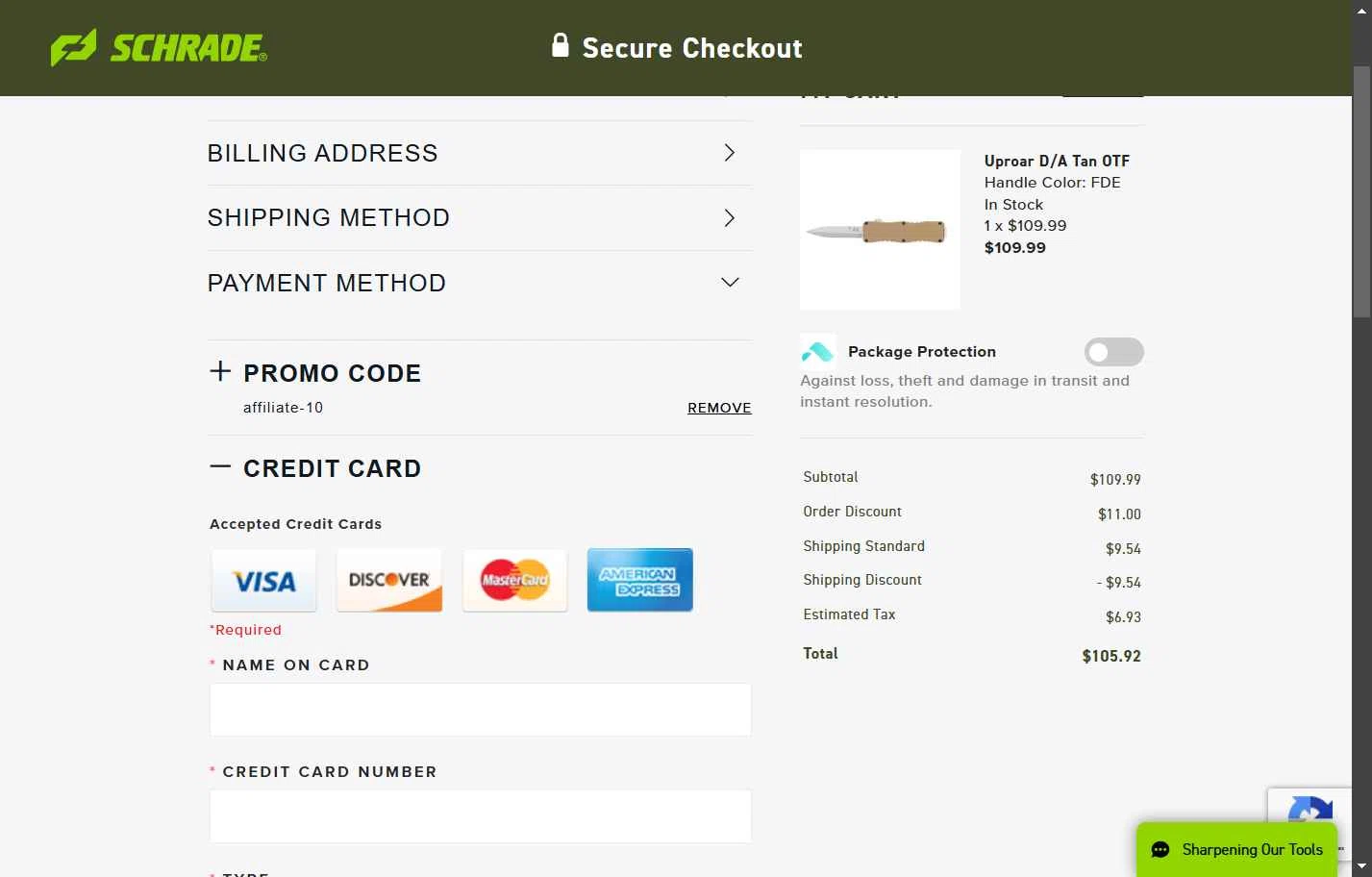 Schrade checkout page showing Schrade promo code box | Screenshot taken by SimplyCodes community member on Sep 22, 2025