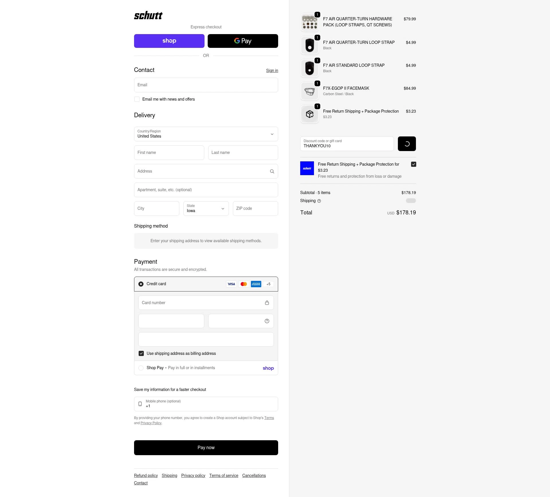 Schutt Sports checkout page showing Schutt Sports promo code box | Screenshot taken by SimplyCodes community member on Feb 18, 2026