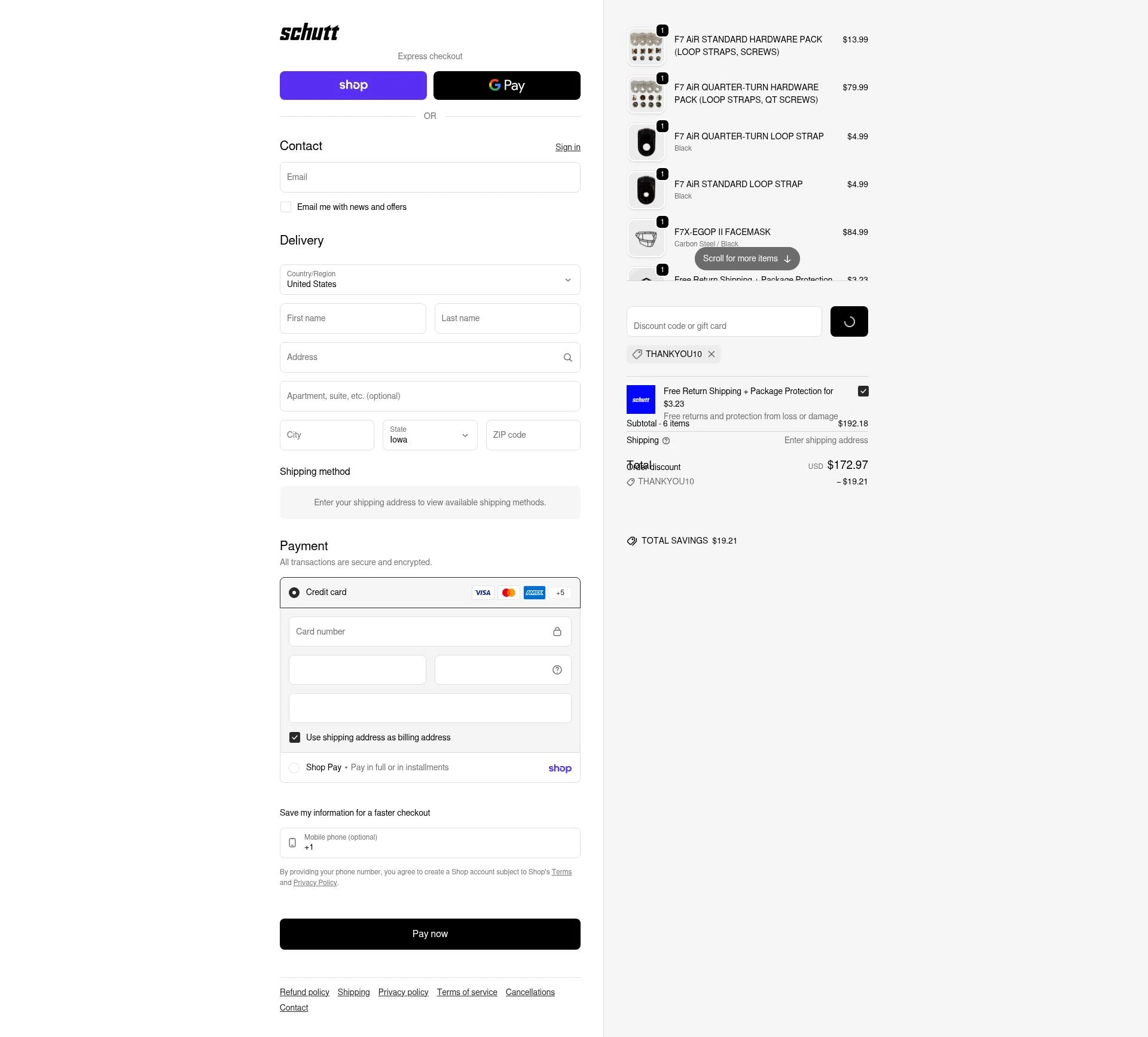 Schutt Sports checkout page showing Schutt Sports promo code box | Screenshot taken by SimplyCodes community member on Feb 9, 2026