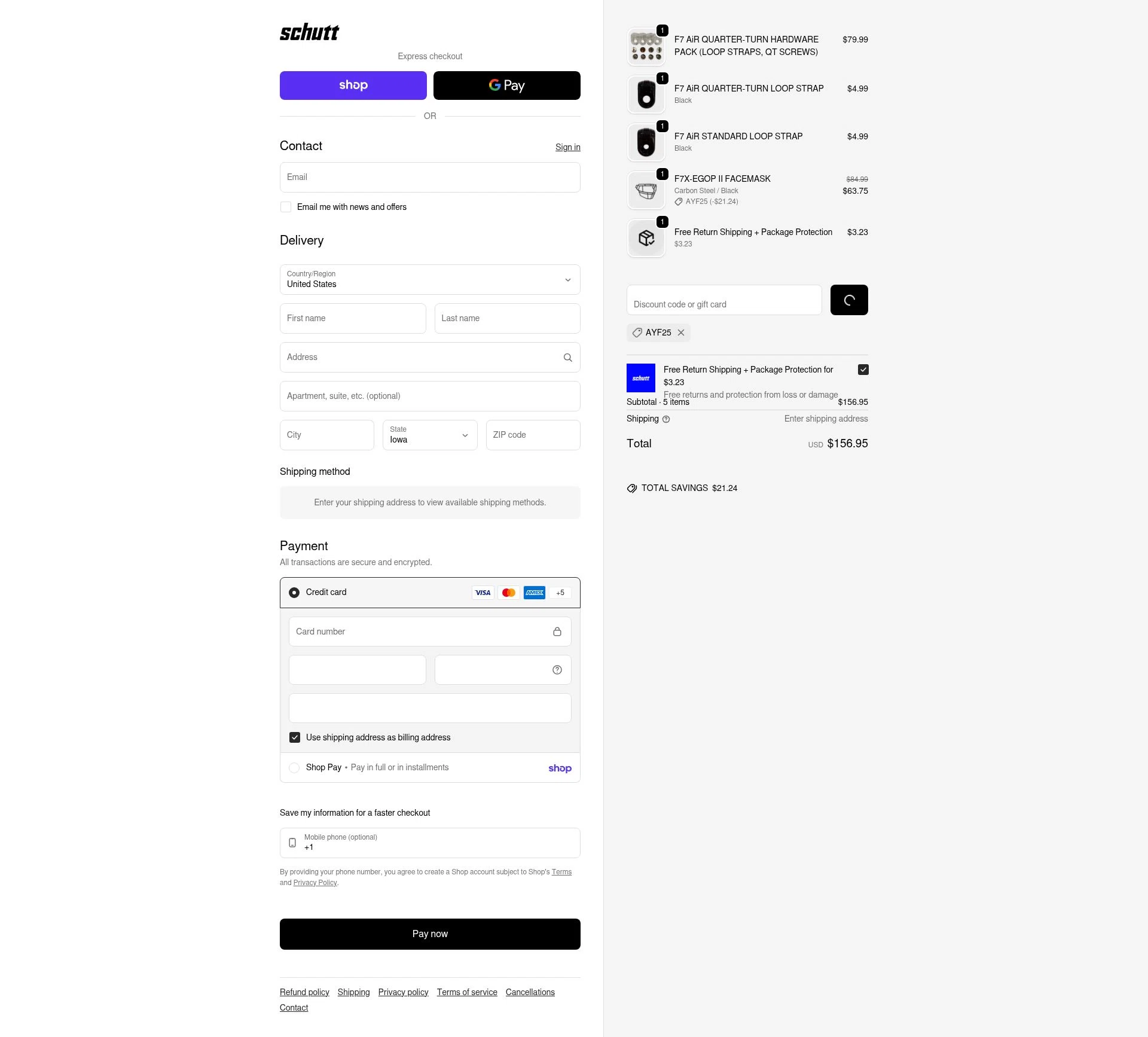 Schutt Sports checkout page showing Schutt Sports promo code box | Screenshot taken by SimplyCodes community member on Feb 13, 2026