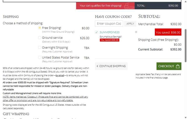 Schweitzer Linen checkout page showing Schweitzer Linen coupon code box | Screenshot taken by SimplyCodes community member on Aug 1, 2025