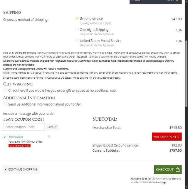 Schweitzer Linen checkout page showing Schweitzer Linen coupon code box | Screenshot taken by SimplyCodes community member on Jul 7, 2025