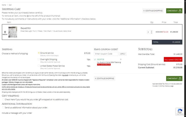 Schweitzer Linen checkout page showing Schweitzer Linen coupon code box | Screenshot taken by SimplyCodes community member on Jul 7, 2025