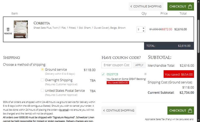 Schweitzer Linen checkout page showing Schweitzer Linen coupon code box | Screenshot taken by SimplyCodes community member on Jul 7, 2025