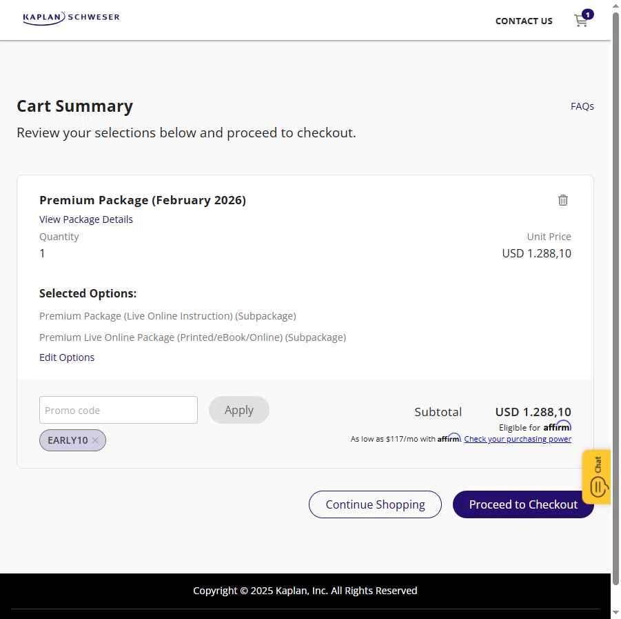 Schweser checkout page showing Schweser discount code box | Screenshot taken by SimplyCodes community member on Nov 10, 2025