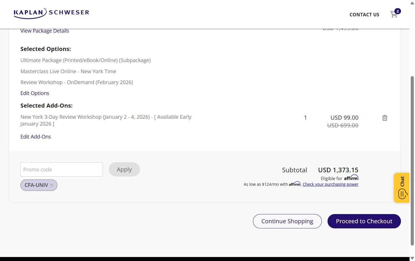 Schweser checkout page showing Schweser discount code box | Screenshot taken by SimplyCodes community member on Nov 25, 2025