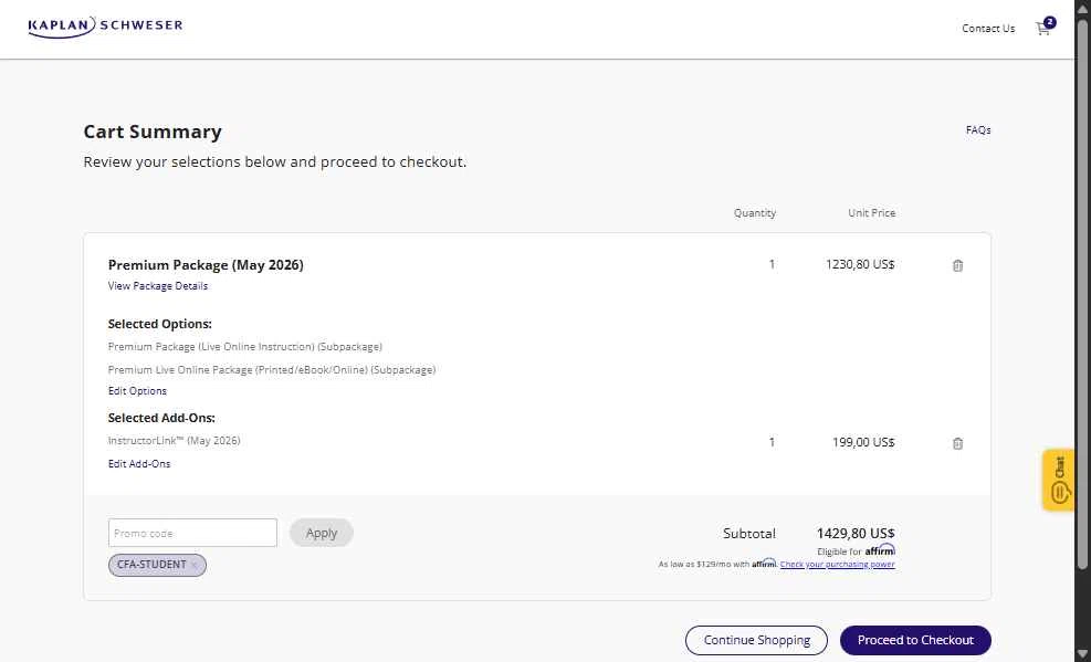 Schweser checkout page showing Schweser discount code box | Screenshot taken by SimplyCodes community member on Dec 13, 2025