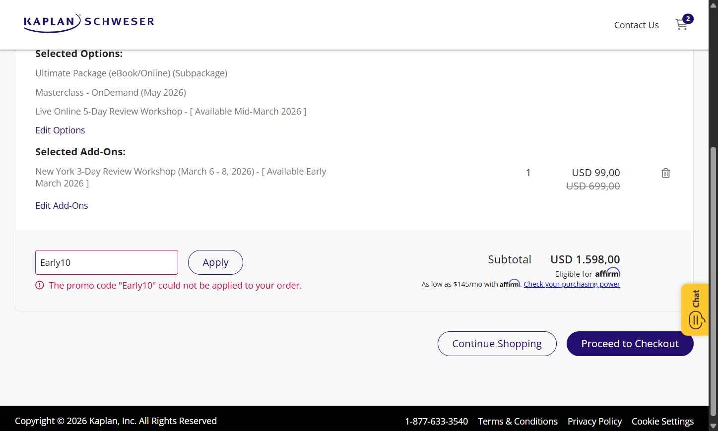 Schweser checkout page showing Schweser discount code box | Screenshot taken by SimplyCodes community member on Jan 7, 2026