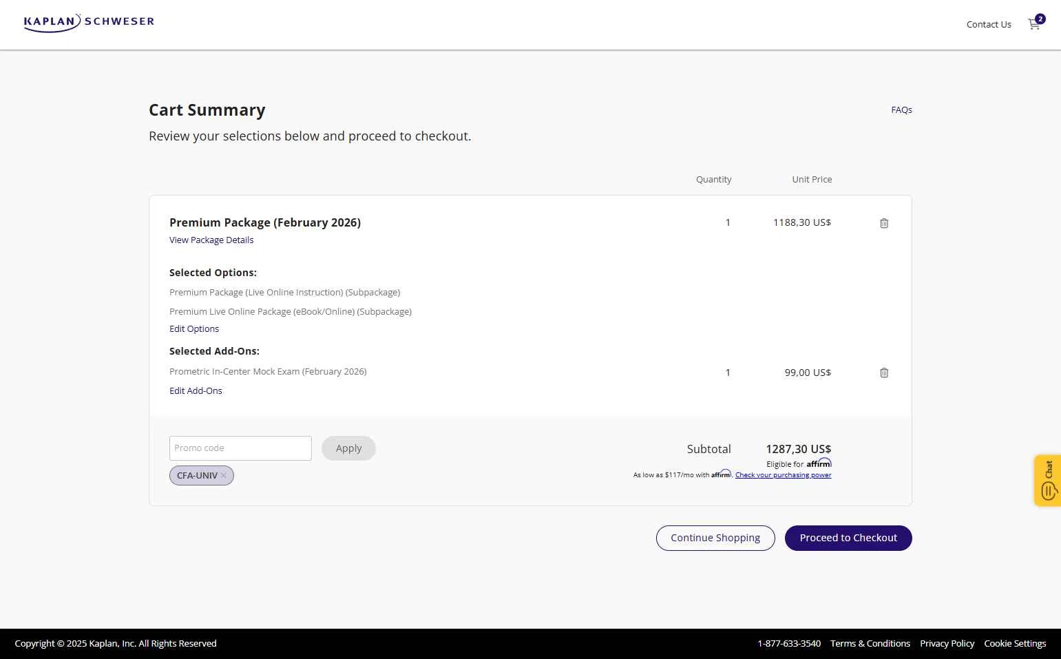 Schweser checkout page showing Schweser discount code box | Screenshot taken by SimplyCodes community member on Dec 24, 2025