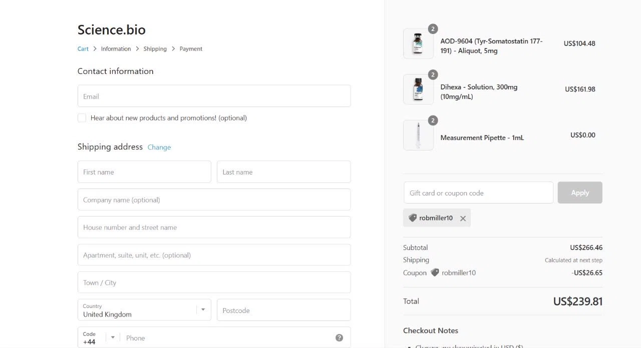 Science.bio coupon code screenshot showing code robmiller10 applied at Science.bio checkout page. Uploaded by SimplyCodes community member SmartMaestro6327 on Aug 31, 2025
