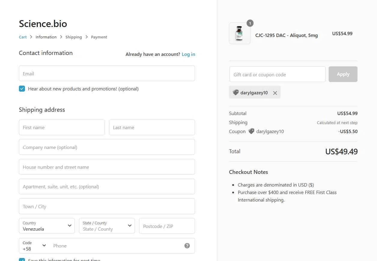 Science.bio checkout page showing Science.bio coupon code box | Screenshot taken by SimplyCodes community member on Jan 12, 2026