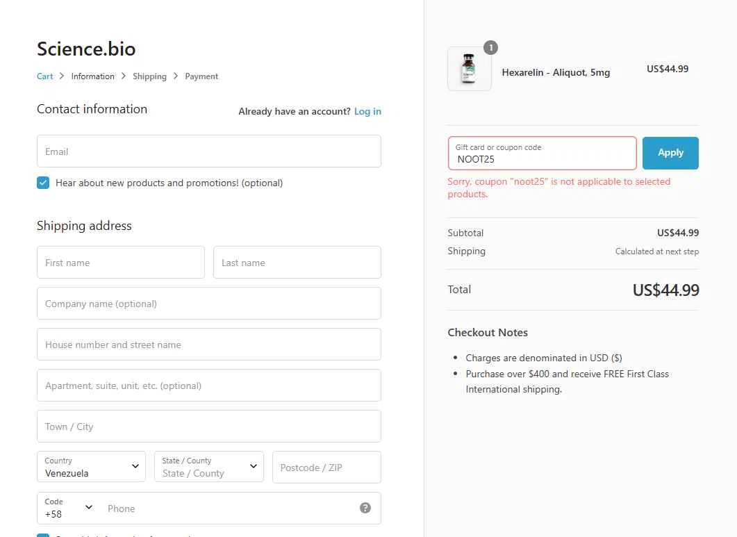Science.bio checkout page showing Science.bio coupon code box | Screenshot taken by SimplyCodes community member on Jan 10, 2026