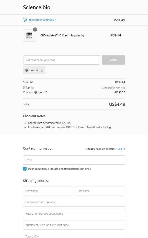 Science.bio checkout page showing Science.bio coupon code box | Screenshot taken by SimplyCodes community member on Jan 14, 2026