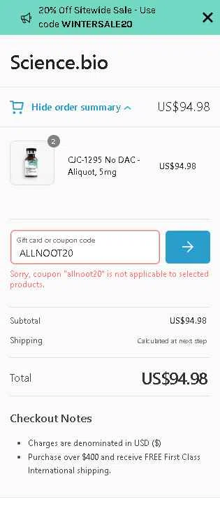 Science.bio checkout page showing Science.bio coupon code box | Screenshot taken by SimplyCodes community member on Jan 19, 2026