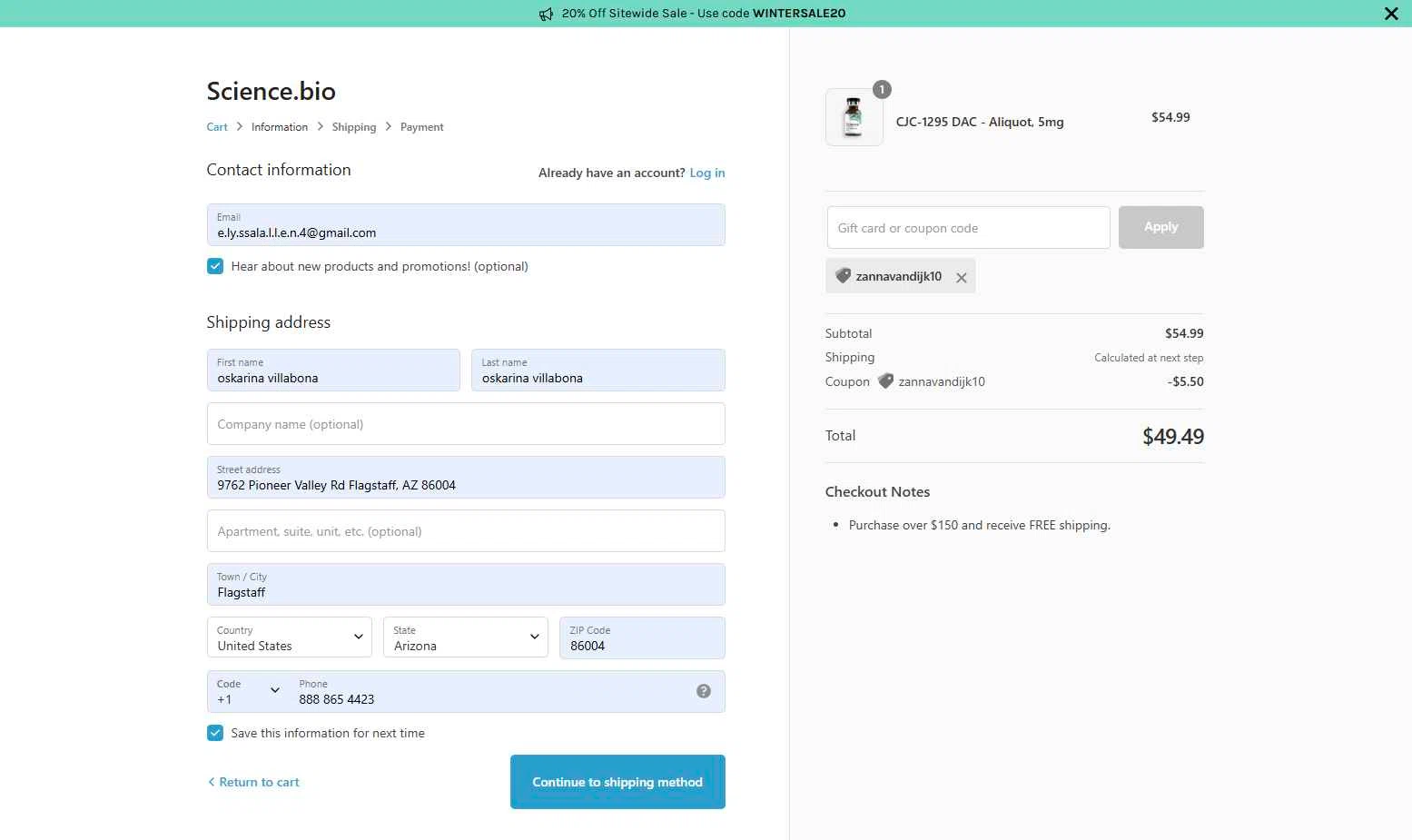 Science.bio checkout page showing Science.bio coupon code box | Screenshot taken by SimplyCodes community member on Jan 27, 2026