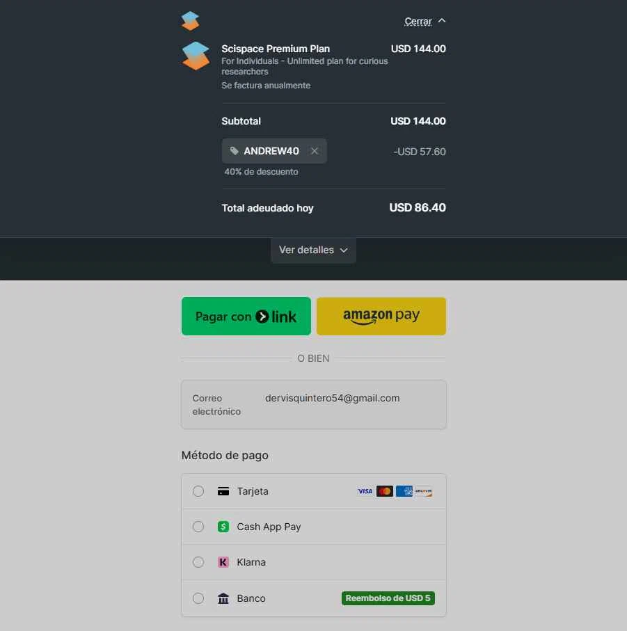 SciSpace checkout page showing SciSpace promo code box | Screenshot taken by SimplyCodes community member on Feb 7, 2026