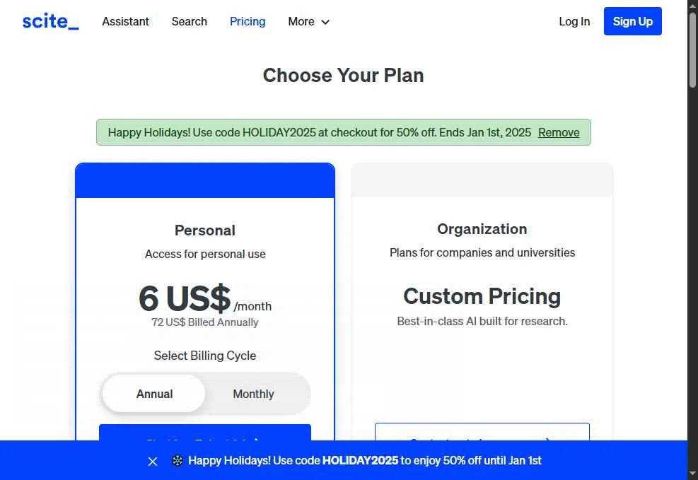 Scite checkout page showing Scite promo code box | Screenshot taken by SimplyCodes community member on Dec 31, 2025