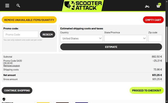 Scooter-Attack checkout page showing Scooter-Attack promo code box | Screenshot taken by SimplyCodes community member on Jun 1, 2025
