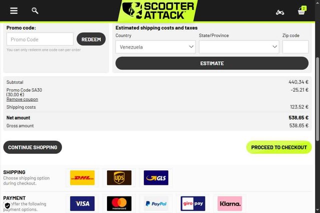 Scooter-Attack checkout page showing Scooter-Attack promo code box | Screenshot taken by SimplyCodes community member on Aug 6, 2025