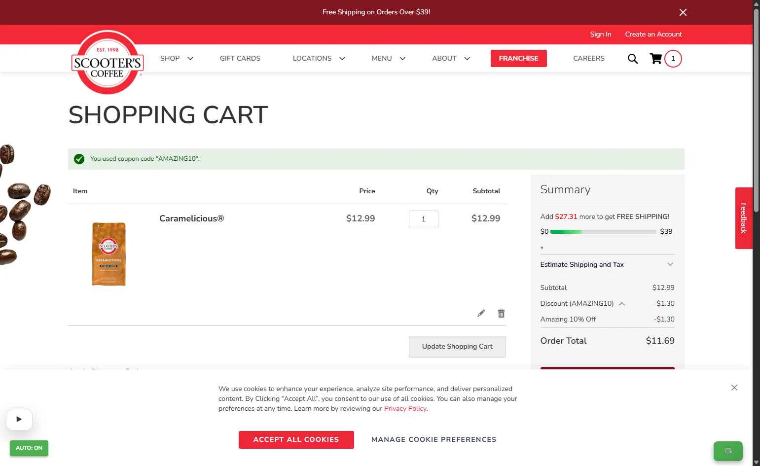Scooter's Coffee checkout page showing Scooter's Coffee promo code box | Screenshot taken by SimplyCodes community member on Jan 25, 2026