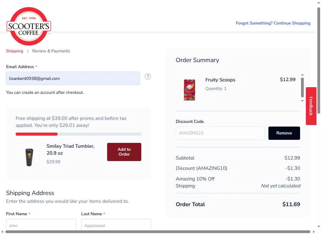 Scooter's Coffee checkout page showing Scooter's Coffee promo code box | Screenshot taken by SimplyCodes community member on Nov 23, 2025