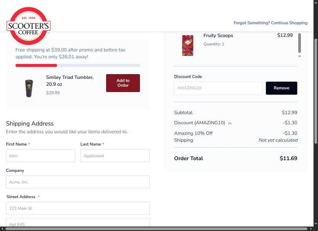 Scooter's Coffee checkout page showing Scooter's Coffee promo code box | Screenshot taken by SimplyCodes community member on Nov 18, 2025