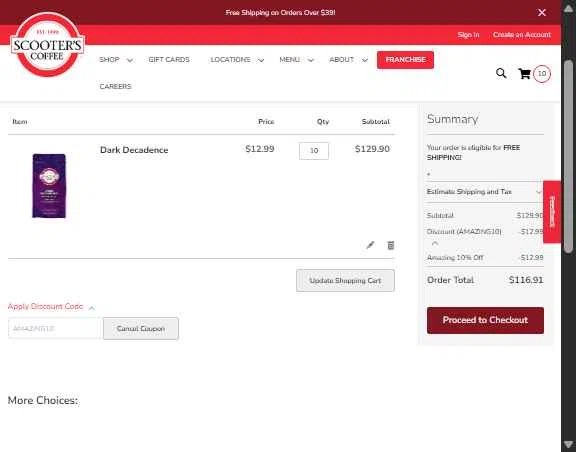 Scooter's Coffee checkout page showing Scooter's Coffee promo code box | Screenshot taken by SimplyCodes community member on Dec 22, 2025