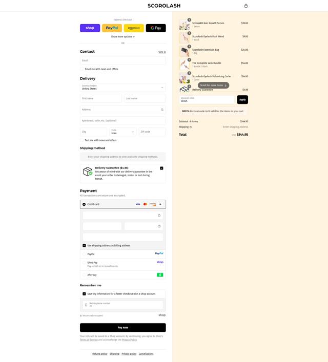 Scorolash checkout page showing Scorolash discount code box | Screenshot taken by SimplyCodes community member on Sep 14, 2025