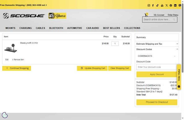 Scosche checkout page showing Scosche promo code box | Screenshot taken by SimplyCodes community member on Jul 11, 2025