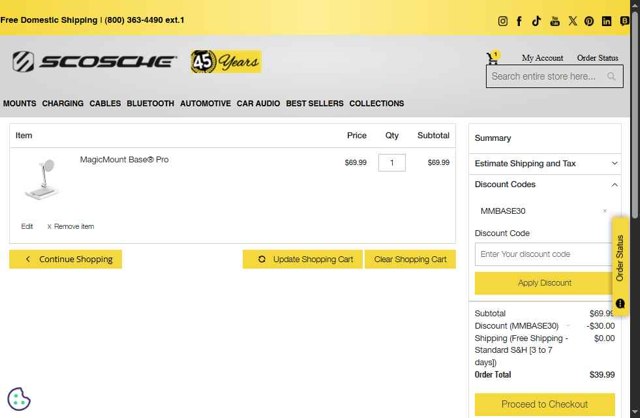 Scosche checkout page showing Scosche promo code box | Screenshot taken by SimplyCodes community member on Jul 10, 2025