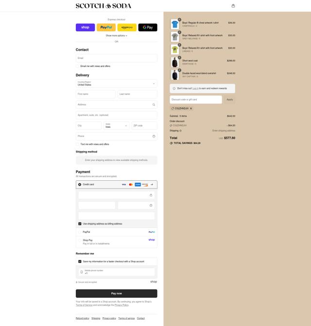 Scotch & Soda checkout page showing Scotch & Soda promo code box | Screenshot taken by SimplyCodes community member on Sep 8, 2025