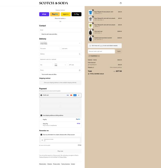 Scotch & Soda checkout page showing Scotch & Soda promo code box | Screenshot taken by SimplyCodes community member on Sep 12, 2025